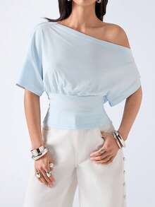 LYSMO 2026 New Arrive Minimalism Spring/Summer Women's Lace Patchwork Ruffle Asymmetric Shoulder Casual Versatile Daily T-Shirt - Mint Blue - View 2