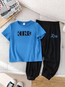 SHEIN 2-Piece Set Of Young Boys Casual Sport Casual Street Style English Pattern Fitted Round Neck Short Sleeve T-Shirt And Black Long Pants Set Suitable For Kids Outfits Toddler Boy Clothes Back To School Boys Set Suitable For Birthday Parties, Parties, Performances, Weddings, Baptisms, Back To School Daily Suitable For School Suitable For Travel Suitable For Sports Suitable For Spring And Summer - Blue - View 6
