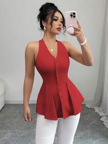 Elenzga 女士优雅休闲通勤度假纯色V领开襟褶裥腰部A字无袖衬衫，春夏款 - 紅色 - 查看 5