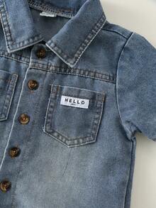 SHEIN 3pcs Baby Boy Summer Casual Denim Shirt Jacket, White Letter Print T-Shirt, And Blue Denim Shorts - Multicolor - View 5