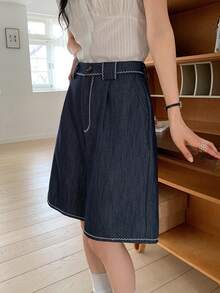 DAZY 女士纽扣腰带宽松休闲短裤 - 藍色 - 查看 4