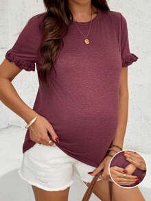 SHEIN 孕妇及哺乳期休闲荷叶边短袖T恤，夏季 - 紅色 - 查看 1