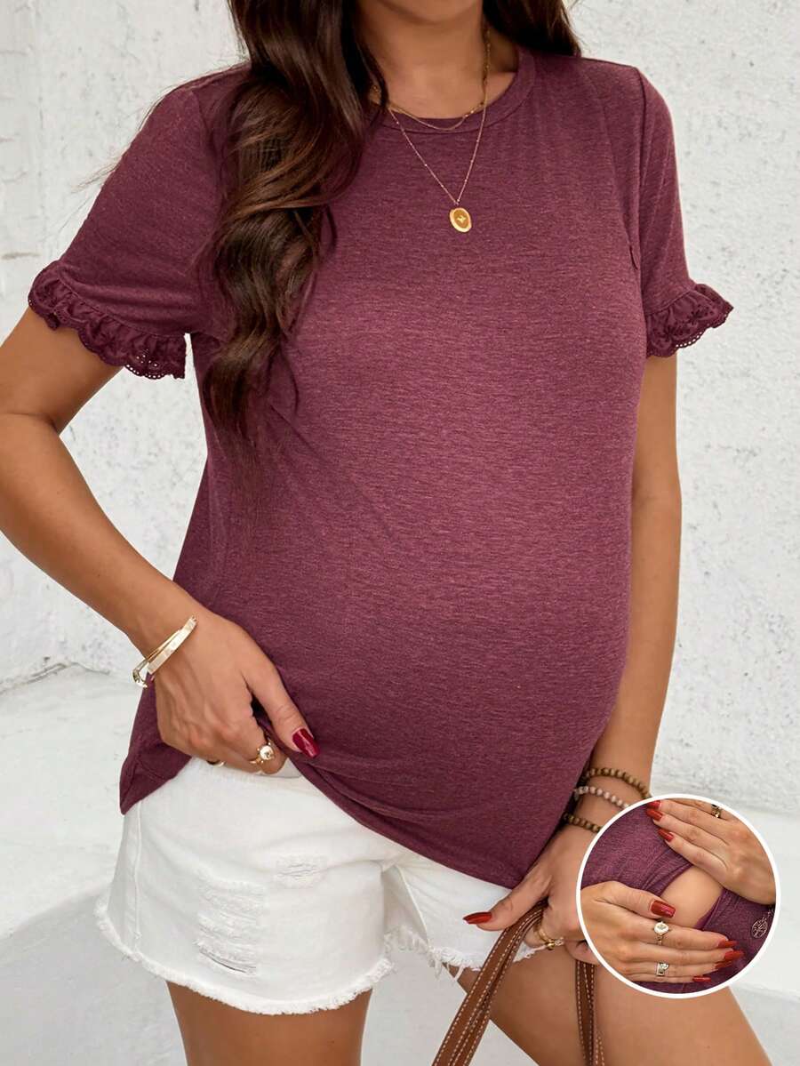 SHEIN 孕妇及哺乳期休闲荷叶边短袖T恤，夏季 - 紅色 - 查看 1