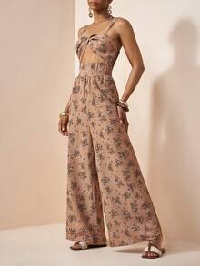 Zivah Retro Brown Floral Jumpsuit For Women Summer Boho Vacation Holiday Embroidered Spaghetti Strap Twisted Hollow Decor Beach Party Wedding Guest Outfit - Brown - View 7