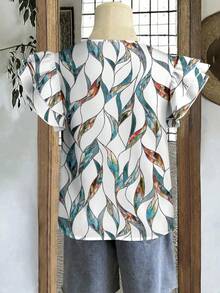 Mellowie Casual Minimalist Green Church Glass Style Flat Print Pattern Women's Ruffle Sleeve Elegant Blouse, Suitable For Spring/Summer Vacation - Multicolor - View 6