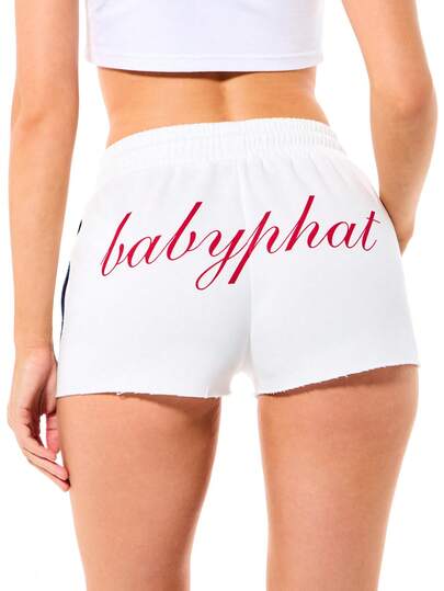 BABYPHAT Women's Casual Pull On Jersey Shorts With Elastic Waistband Drawcord White Comfortable Loungewear Summer Relaxed Fit