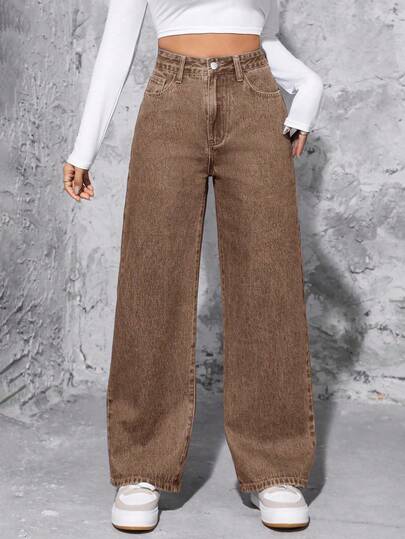 SHEIN PETITE 女式休闲水洗高腰直筒牛仔裤