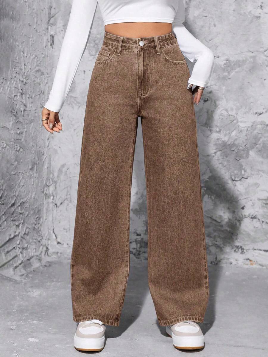 SHEIN PETITE Jeans rectos de cintura alta lavados de estilo casual para mujer - Café integral - Ver 1