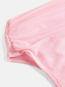 SHEIN طقم تي شيرت كتف غير متماثلة مطوية وتنورة مزينة بزهور ثلاثية الأبعاد للفتيات المراهقات، طقم عصري للحفلات - وردي - مشاهدة 3