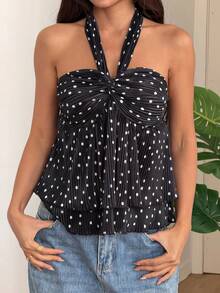 SHEIN LUNE Women's Romantic Polka Dot Pleated Tie Strap Sleeveless Top, Suitable For Vacation And Dates - Black and White - View 4