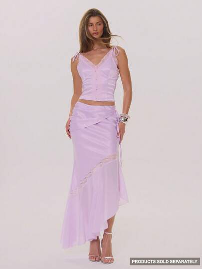 MUSERA Satin Mesh Panel Draped Asymmetric Midi Skirt Spring Summer Elegant Wedding Guest Vacation Holiday Occasion Wedding Party Honeymoon Café