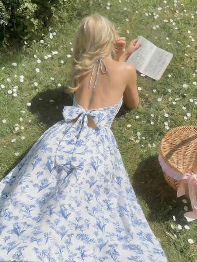 SHEIN MOD Vestido largo con escote halter, busto fruncido y estampado floral para mujer