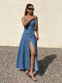 DAZY 女士无袖收腰长款休闲牛仔连衣裙 - 中等水洗藍 - 查看 4