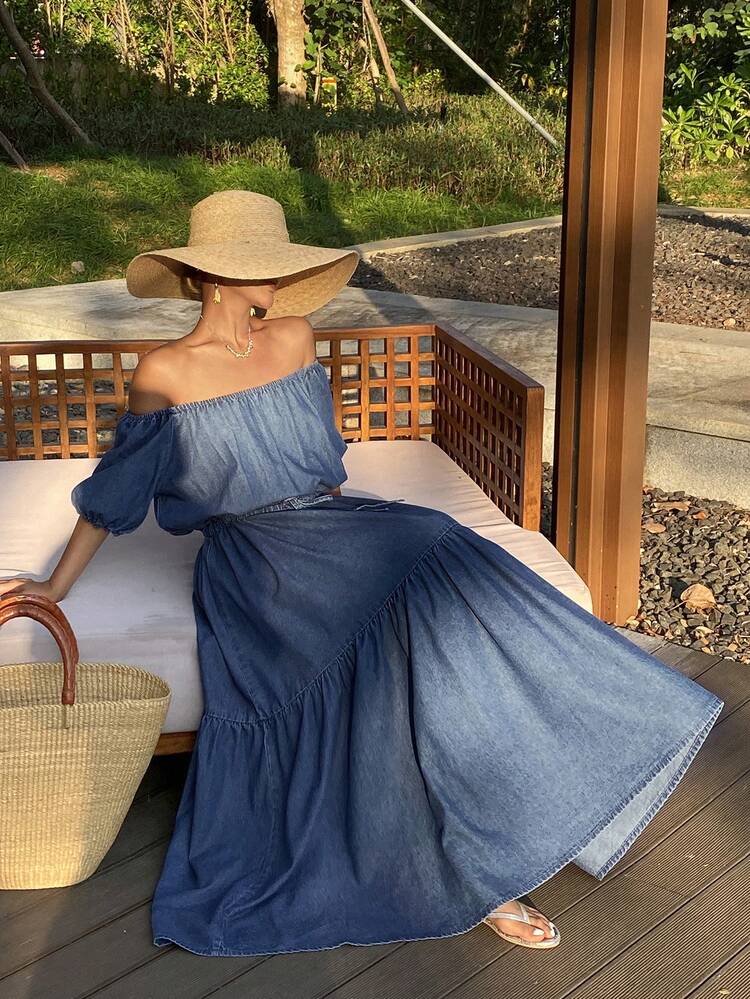 Women's Off-Shoulder Cinched Waist Short Sleeve Vacation Style Long Denim Dress Summer Maxi Dress