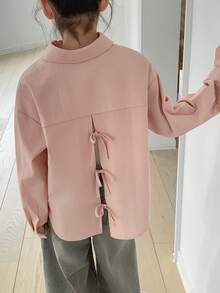 DAZY 少女休闲衬衫，后背镂空蝴蝶结设计，百搭时尚，适合日常穿着，长袖上衣 - 淺粉色 - 查看 5