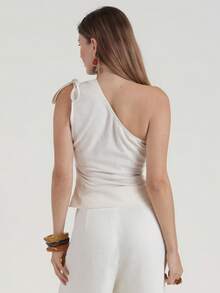 CielaLinda Áo sơ mi nữ màu mơ bằng vải lanh, kiểu dáng bất đối xứng vai, thích hợp mặc hàng ngày đi làm. - Màu be - Xem 2