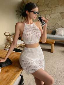 DAZY Women's Vacation Beach Hollow Out Knit Halter Neck Top And Skirt 2 Pieces Set - White - View 1