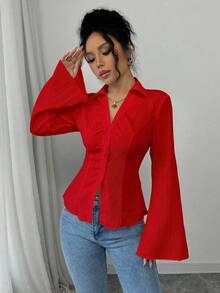 Selianne Áo sơ mi nữ kiểu Pháp cổ chữ V màu trắng, thắt eo, áo cổ bẻ mùa thu, kiểu dáng thường ngày cho nữ, thích hợp mặc mùa xuân thu. - Đỏ - Xem 4