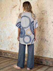 Faunlyn Women's Grey,Summer,Boho,Vacation,Holiday 2 Pieces Set,Circle Print Shirt And Pants,Casual Outfits,Beach Outfit For Women,Pants Outfit Sets - Multicolor - View 2