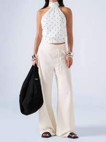 LYSMO Women's Striped Tie-Up Patchwork Long Pants - Apricot - View 5