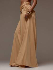 MUSERA 性感中腰镂空褶皱拼接垂褶长裙，春夏度假海滩伊比沙岛音乐节派对优雅女神 - 棕色 - 查看 3