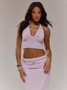 MUSERA Flower Applique Knit Halter Top Coord Top Only Cute Spring Easter Occasion Girly Sexy Going Out Mothers Day Soft Bloom - Pink - View 5