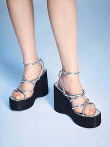 Sugerpunk Sandalias de plataforma, zapatillas de mujer con cuña y punta abierta, zapatos de moda para mujer - Plateado - Ver 6