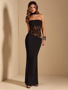 SHEIN BAE Black Strapless, Neck Hanging, Waist Transparent Lace Patchwork, Mesh Fishtail Skirt, Elegant Temperament Dress,Party Dress,Graduation Dress,Wedding Party Dress,Black Dress - Black - View 6