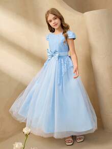 Girls' Luxury Niche High-End Hostess Birthday Performance Dress, Piano Recital Runway Princess Gown, Elegant Tulle Maxi Dress - Blue - View 1
