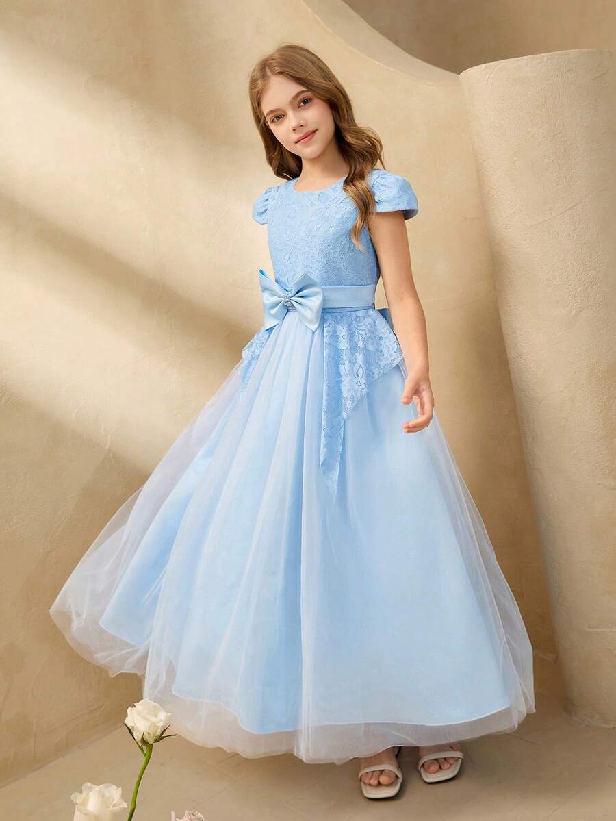 Girls' Luxury Niche High-End Hostess Birthday Performance Dress, Piano Recital Runway Princess Gown, Elegant Tulle Maxi Dress - Blue - View 1