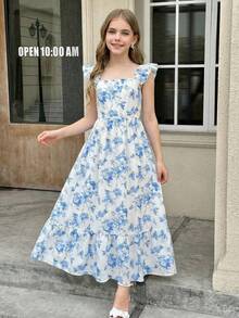 SHEIN 少女优雅休闲度假蓝白碎花短袖连衣裙 - 藍白色 - 查看 5