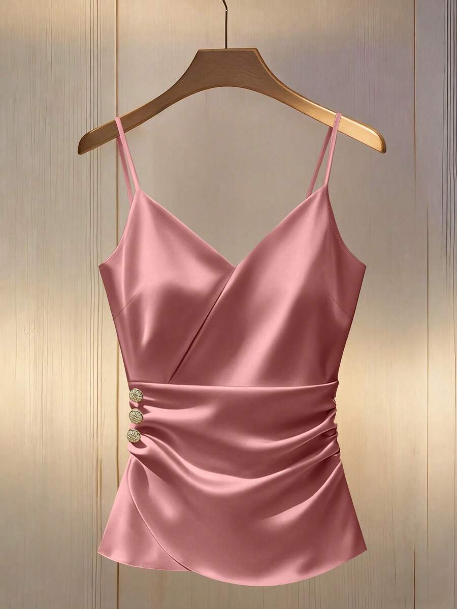 Franclia Áo hai dây nữ thanh lịch, đơn giản, màu trơn, chất liệu satin, khóa kim loại, xếp ly, ôm sát, thích hợp cho mùa hè. - Hồng - Xem 1