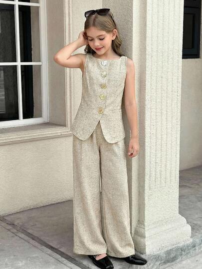 SHEIN Tween Girls Casual Elegant Commute Street Chic Metal Button Square Neck Sleeveless Top Vest Shirt And Straight Leg Pants 2 Pieces Beige Outfit Set Formal Set