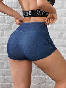 Flexra Women's Elastic Waist Pleated Skinny Casual Denim Shorts - Blue - View 2