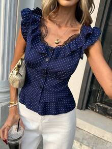 Pariaura Women's Polka Dot Lace Ruffle Hem Casual Versatile Daily Wear Blouse - Navy Blue - View 4