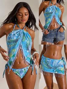 Opulessa Sommer Frühling Ausgehen Strand Urlaub Festival Party Hochzeit Abschlussball Elegant Lässig Formell Damen Pailletten Aufkleber Quasten Krawatte Hals Sexy Vielseitig Top für Dates & Ausflüge, Frühling Sommer, Festival, Elegante Party, Strandurlaub, Hochzeitsgast, Formeller Abschlussball, Büro für Frauen - Blau - Übersicht 1