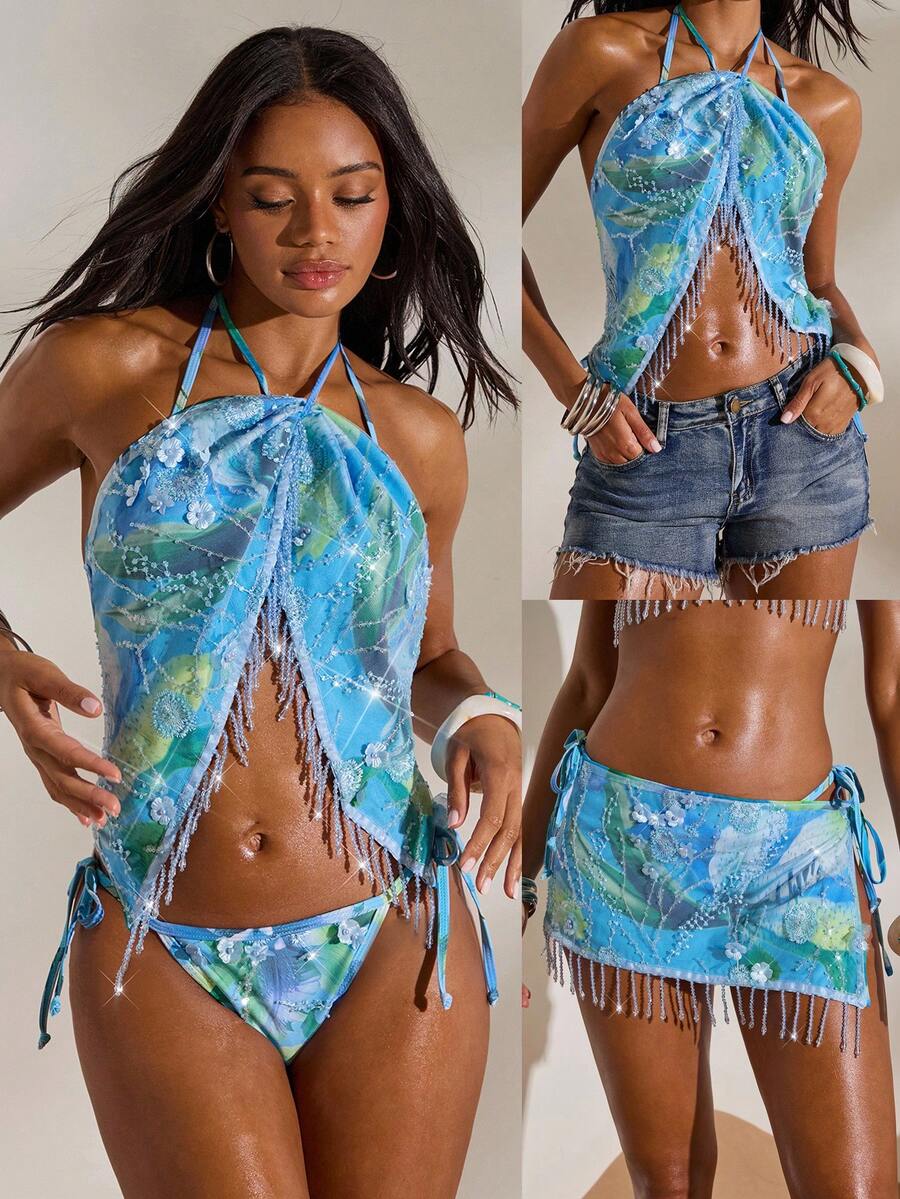 Opulessa Sommer Frühling Ausgehen Strand Urlaub Festival Party Hochzeit Abschlussball Elegant Lässig Formell Damen Pailletten Aufkleber Quasten Krawatte Hals Sexy Vielseitig Top für Dates & Ausflüge, Frühling Sommer, Festival, Elegante Party, Strandurlaub, Hochzeitsgast, Formeller Abschlussball, Büro für Frauen - Blau - Übersicht 1