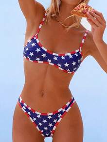 Swim Mod 2pcs/Set Women's Fashionable Cute Sexy Beach Outfit, Blue Base White Star Red Trim Crop Top And Triangle Bikini Swimwear, Suitable For Beach, Pool - Multicolor - View 1