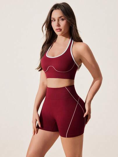 Core Rhythm 1 Set Burgundy Seamless Women's Sports Set, Halter Neck Sleeveless, Soft & Comfortable Fitted, Suitable For Workout, Running, Casual, Yoga