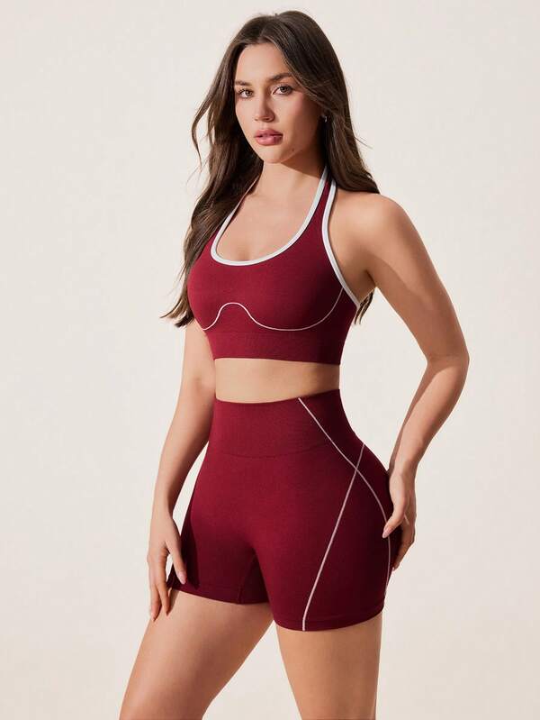 Core Rhythm 1 Set Burgundy Seamless Women's Sports Set, Halter Neck Sleeveless, Soft & Comfortable Fitted, Suitable For Workout, Running, Casual, Yoga