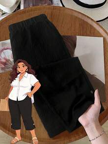 EMERY ROSE Plus Size Women Solid Color Elastic Waist Casual Pants Summer Spring Country Style For Women Black Pants - Black - View 4