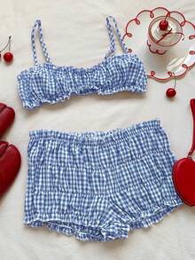 SHEIN EZwear Bộ 2 món áo hai dây kẻ caro gợi cảm và quần short siêu mini cho nữ mùa hè - Màu xanh lam - Xem 7