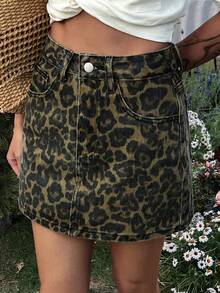 DAZY Minifalda vaquera casual de talle regular con estampado de leopardo - Verde militar - Ver 4