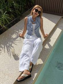 DAZY Chaqueta y chaleco de mezclilla casual sin mangas con cintura ajustada para mujer - Lavado ligero - Ver 6