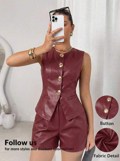 Lavishia Women's Solid Color PU Leather Single-Breasted Vest And Shorts Fashion 2 Pieces Set, Summer Outfit For Women