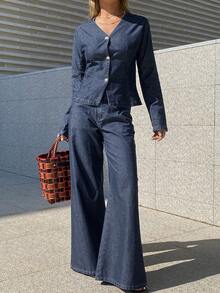 DAZY 女士V领收腰长袖牛仔上衣搭配宽松喇叭裤休闲优雅牛仔套装 - 中等水洗藍 - 查看 7