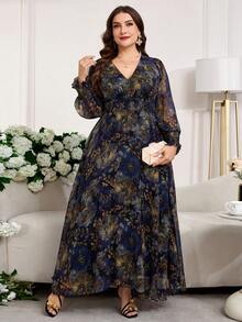 Reflora 大码优雅印花V领系腰连衣裙，秋季款 - 彩色 - 查看 6