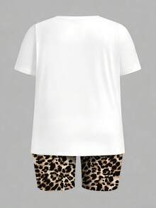 Slaydiva Casual Loose Leopard Print Lip Graphic Round Neck Short Sleeve T-Shirt And Shorts Set, Suitable For Summer Music Festivals, Plus Size - Brown - View 6