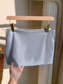 Comfortcana Light Blue Linen Mini Low-Waist Skirt, Summer - Baby Blue - View 3