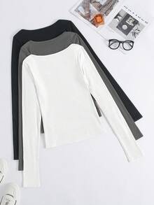 Olithes Women Solid Color Simple Round Neck Slim Fit T-Shirt, Spring/Autumn Edition 3 Packs Topsbasic Long Sleeve Topstight Topswomens Longsleeve Tops Fall Cloth For Women - Multicolor - View 2